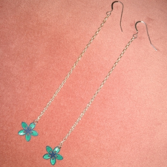 Solid 925 REAL Sterling Silver Hook Long Chain Blue Flower Handmade Earrings New - Picture 1 of 9